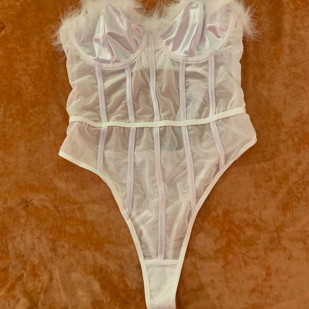 Premium Feather Trim Satin Corset Bodysuit Sz L - Picture 3 of 16